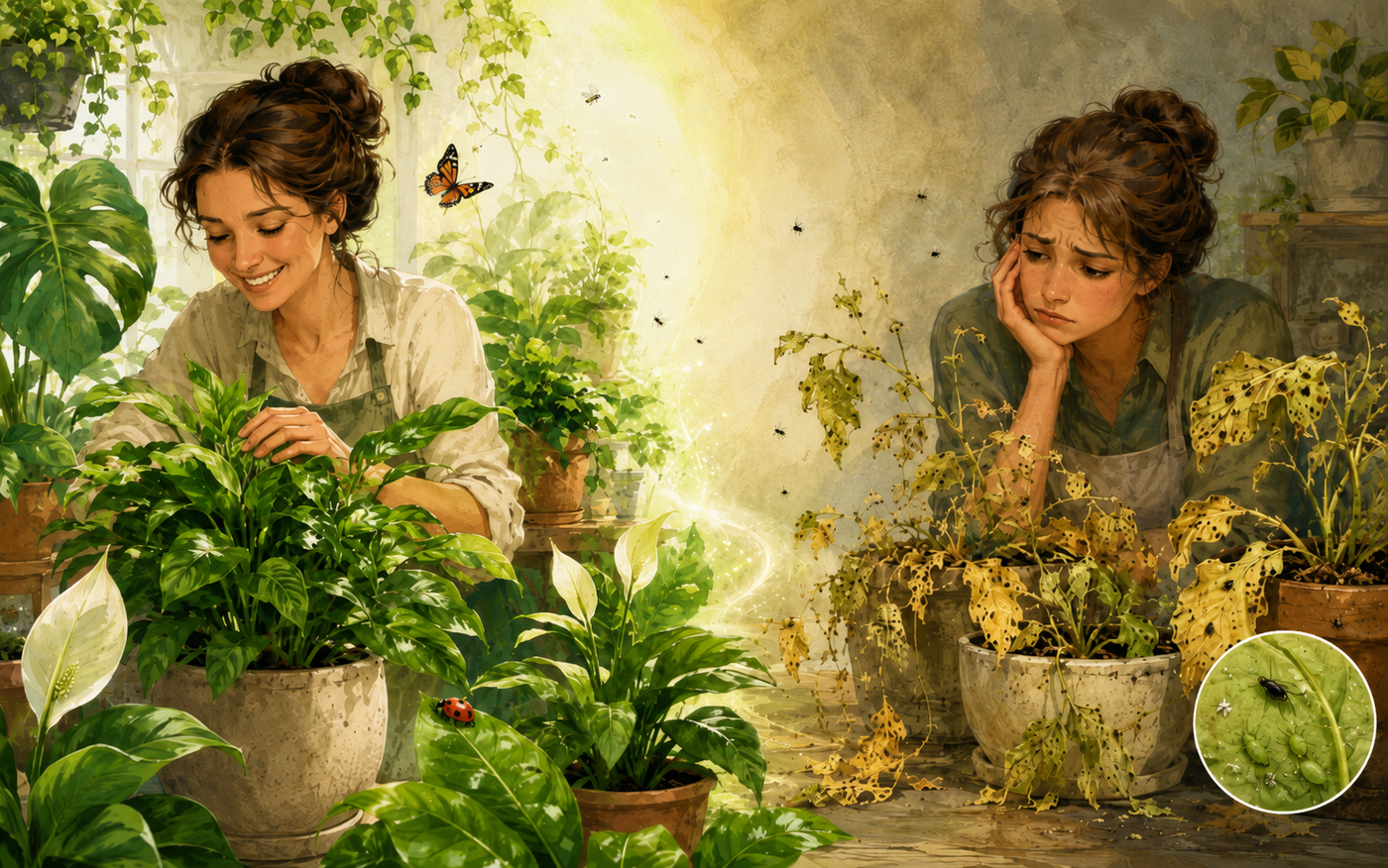 Pest-damaged plants compared with healthy thriving plants