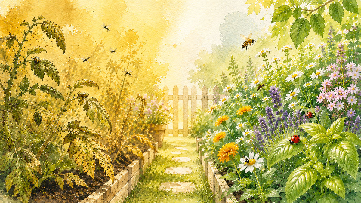 Pest-damaged plants transforming into healthy thriving plants